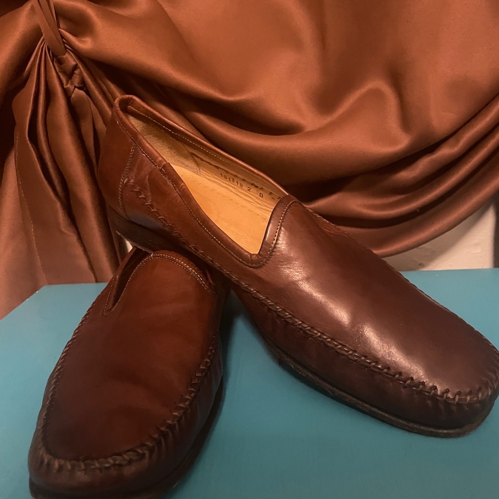 Santoni Brown Leather Loafers Mens 10.5 Made in Italy Moccasin